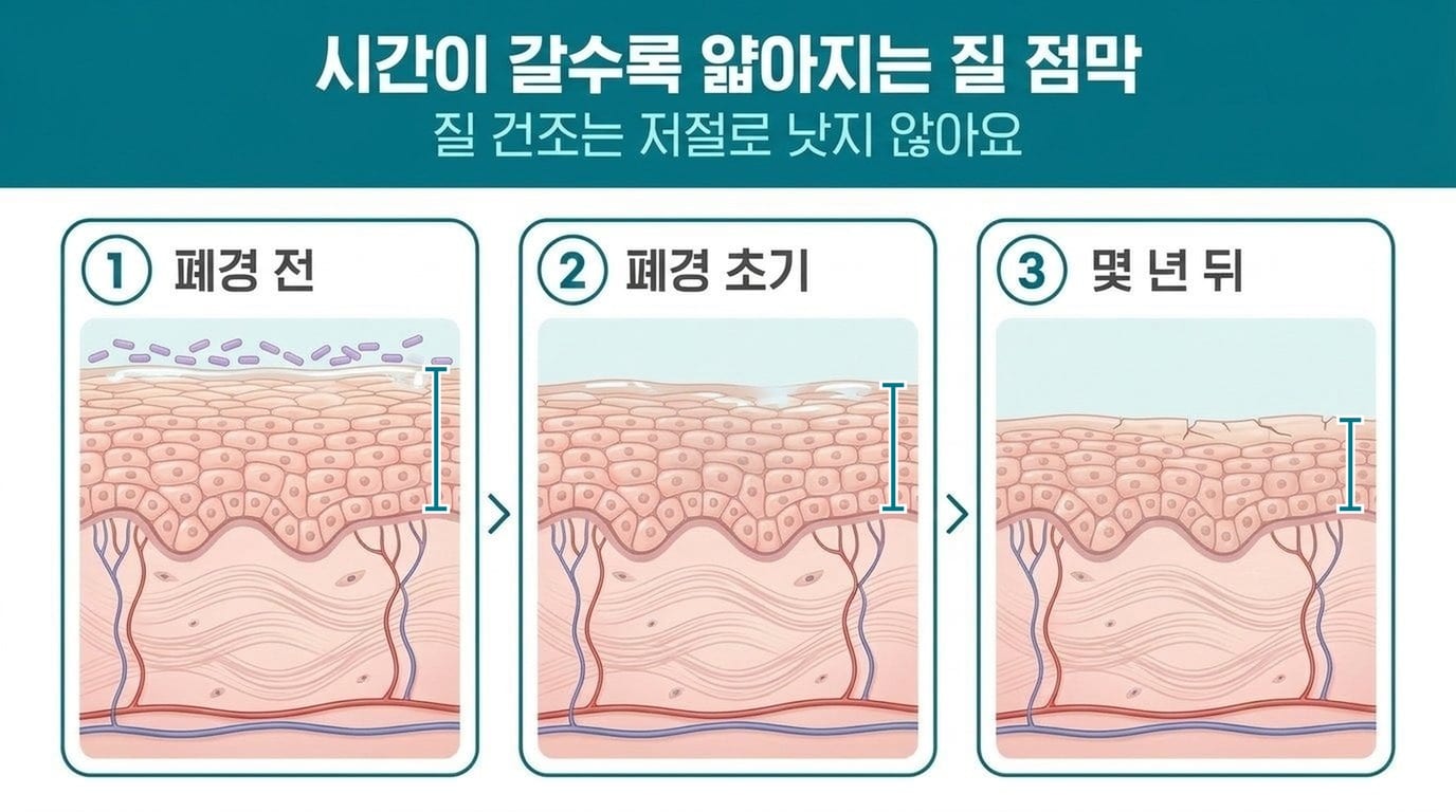 폐경 전에는 두껍고 촉촉하던 질 점막이 폐경 초기, 몇 년 뒤로 갈수록 얇고 건조해지는 변화를 세 단계로 그린 자료화면