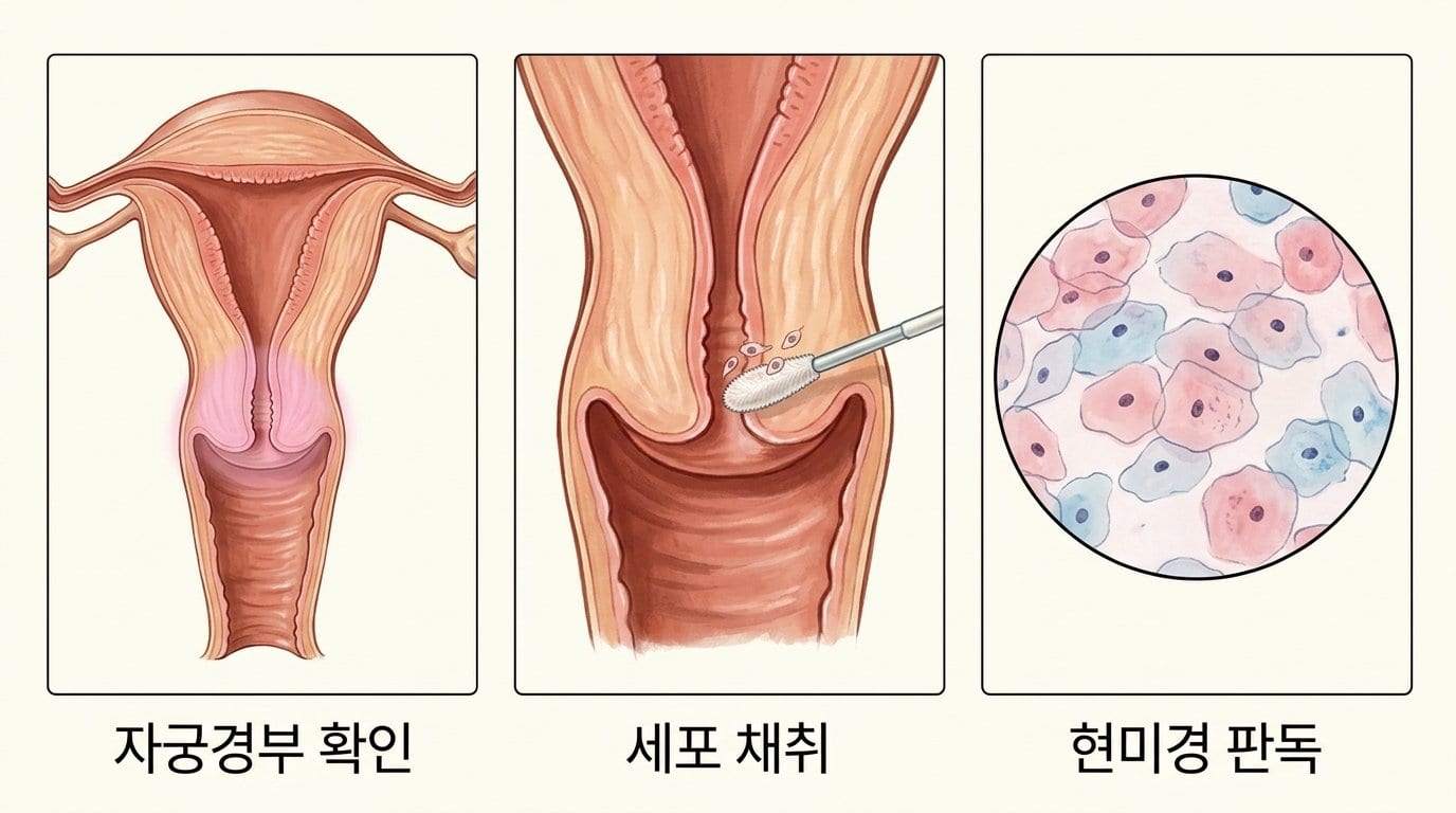 자궁경부를 확인하고 세포를 채취해 현미경으로 판독하는 자궁경부암 검진의 세 단계