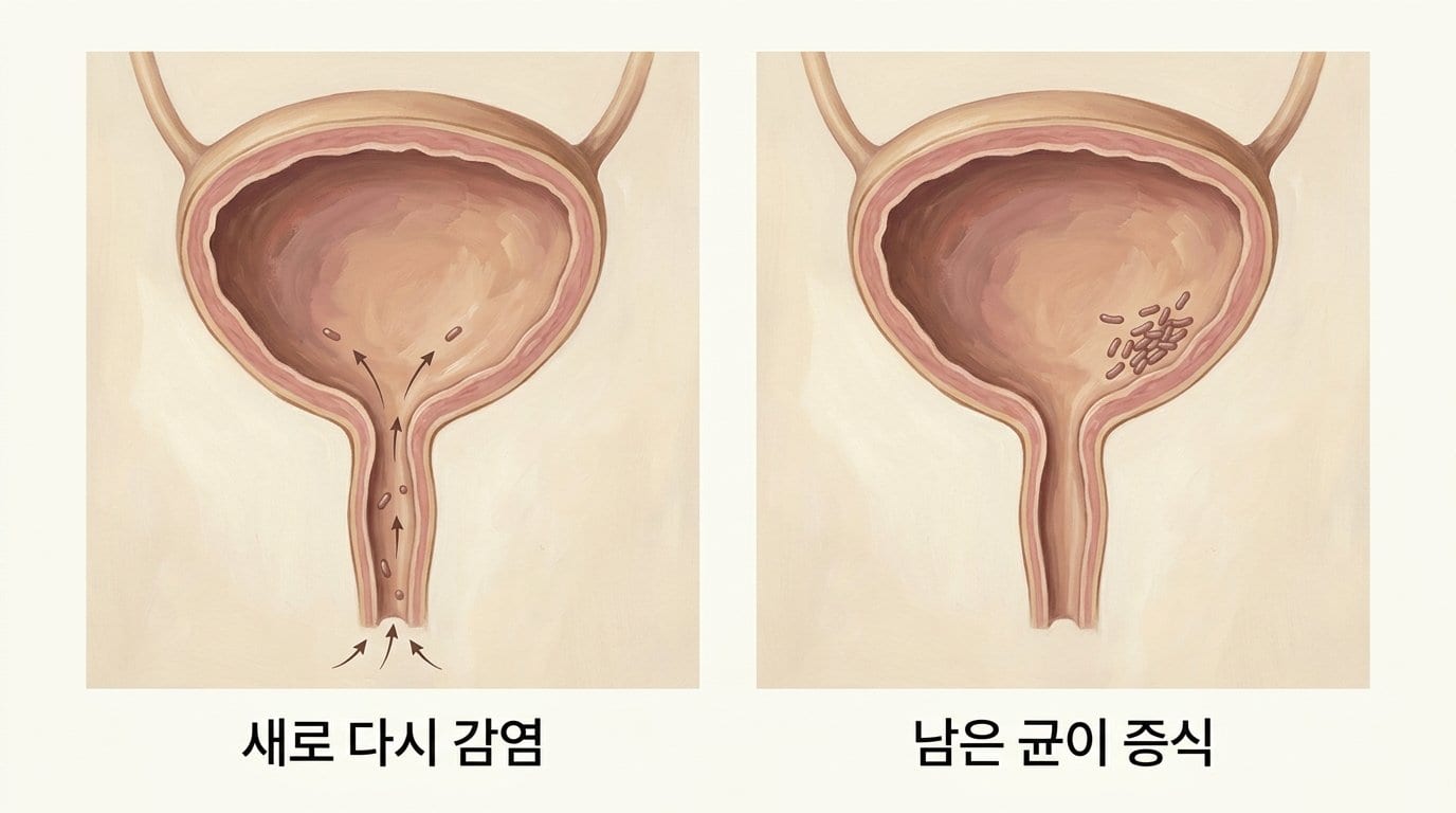 새 균이 요도를 타고 다시 올라오는 재감염과, 방광 안에 남은 균이 다시 늘어나는 경우를 비교한 자료화면
