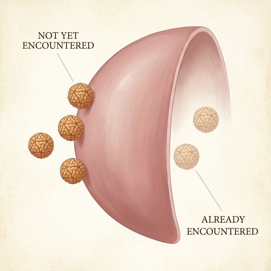 백신은 아직 노출되지 않은 유형을 막아주고 이미 지나간 유형에는 작용하지 않는다는 것을 보여주는 자료화면