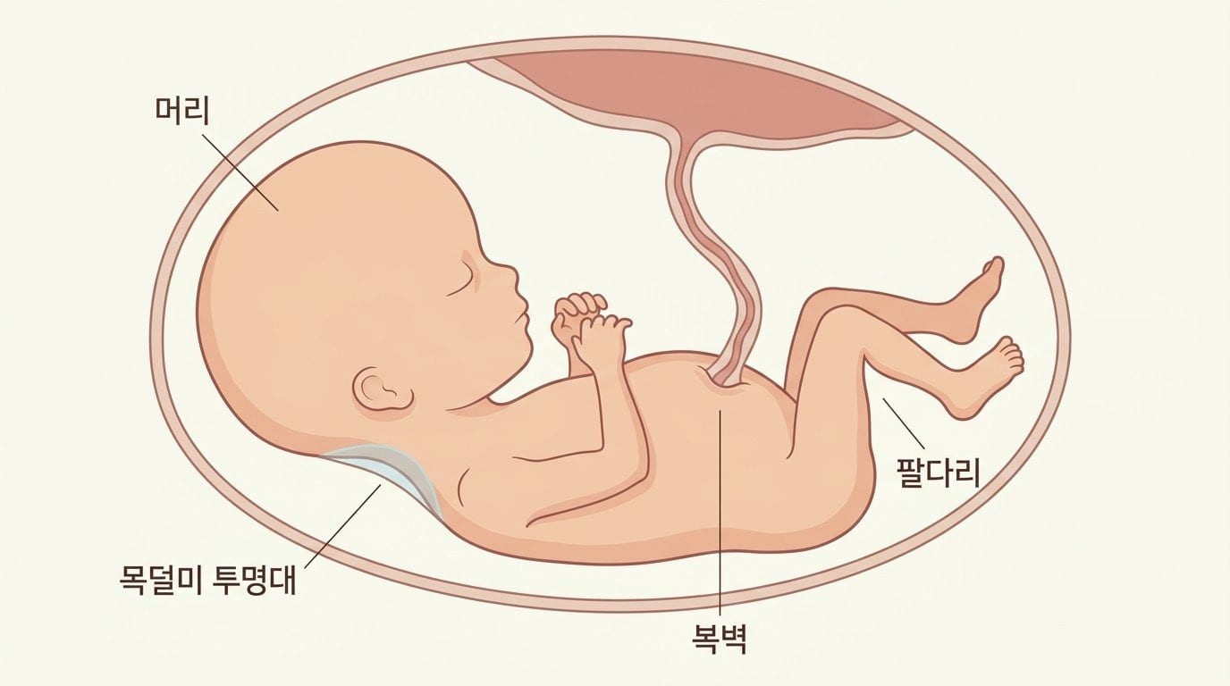 임신 11~13주 태아의 옆모습과 목덜미 투명대, 머리·복벽·팔다리 확인 부위를 표시한 자료화면