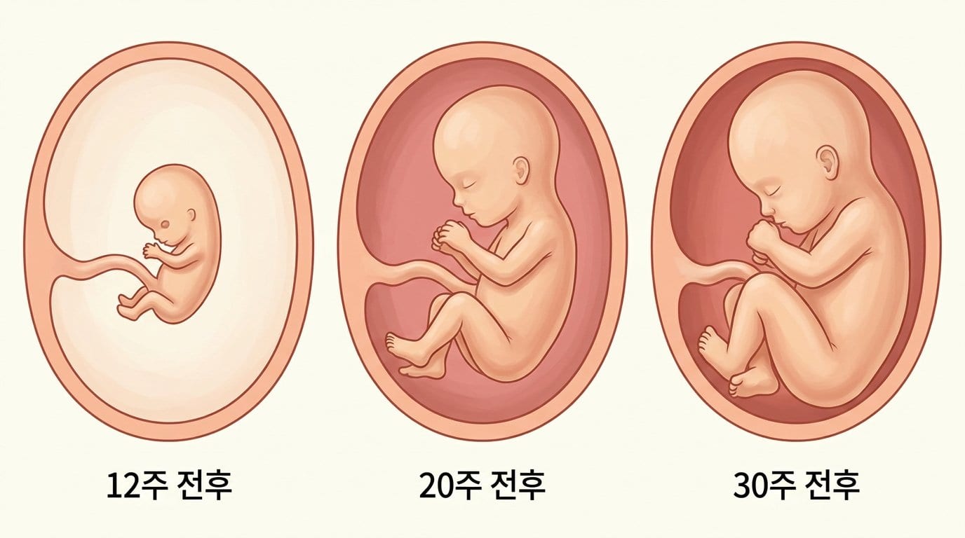 임신 12주·20주·30주 전후 태아의 크기 변화를 세 칸으로 나란히 그린 자료화면