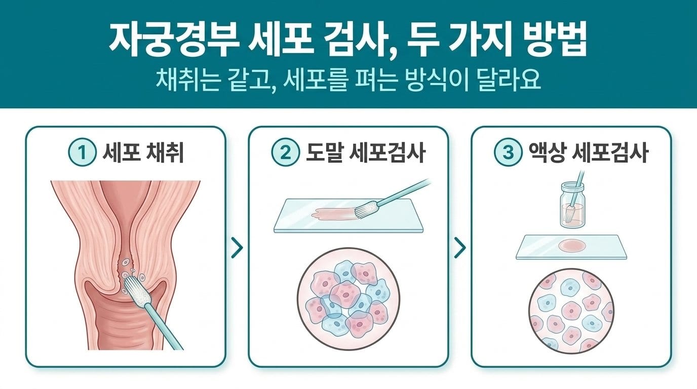자궁경부에서 세포를 채취한 뒤 유리판에 바로 펴 바르는 도말 세포검사와, 보존액에 담가 얇고 고르게 펴는 액상 세포검사의 차이