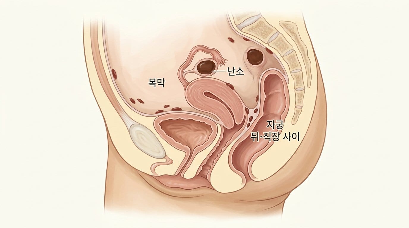 자궁 밖 복막·난소·직장 주변에 자리 잡은 자궁내막 조직을 골반 단면 위에 표시한 자료화면