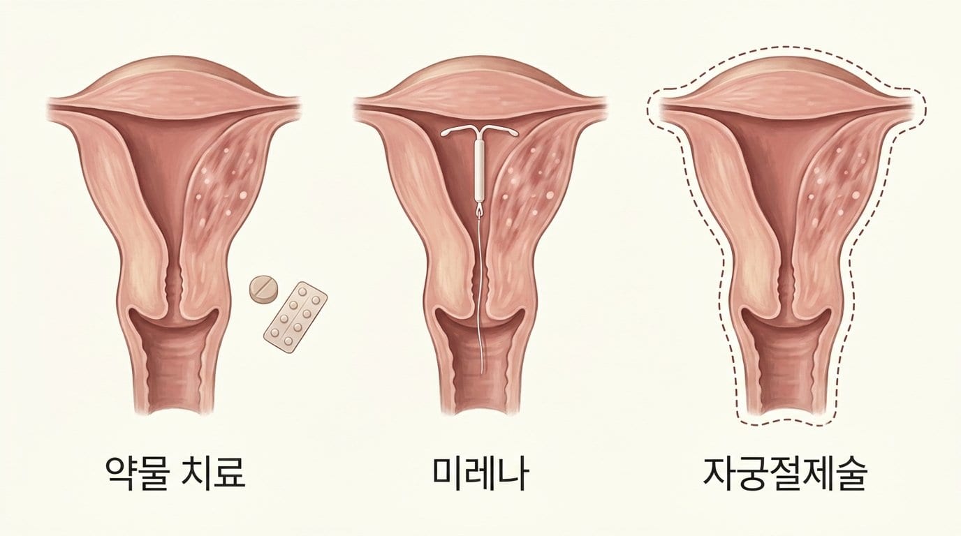 약물 치료, 미레나, 자궁절제술 — 자궁선근증 치료의 세 갈래를 같은 자궁 단면 위에 나란히 그린 자료화면