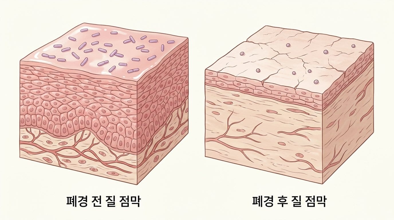 폐경 전의 두껍고 촉촉한 질 점막과 폐경 후 얇아진 질 점막을 나란히 그린 단면 자료화면